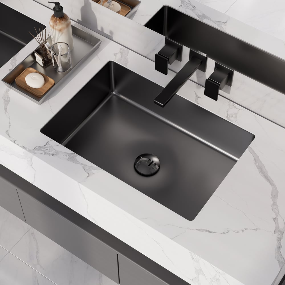 Questions et Réponses pour Évier rectangulaire en acier inoxydable moderne noir Lavabo de salle de bain encastré