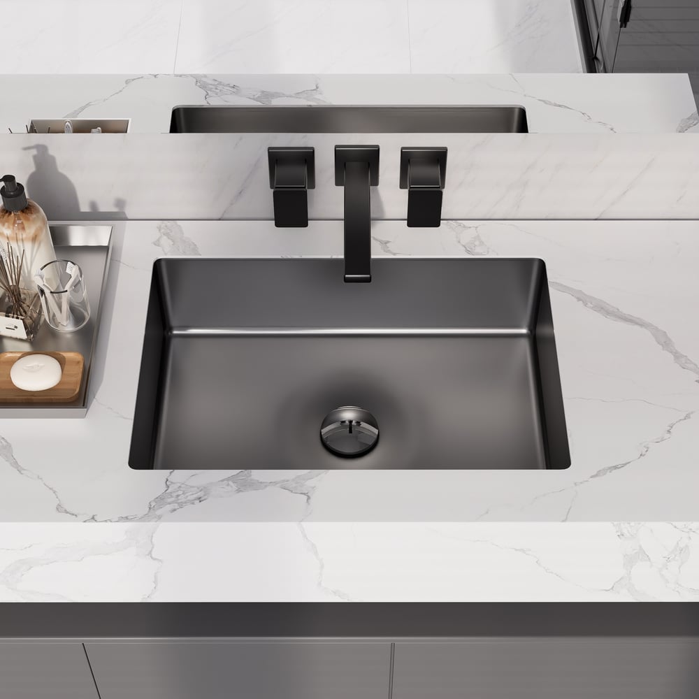 Questions et Réponses pour Évier rectangulaire en acier inoxydable moderne noir Lavabo de salle de bain encastré