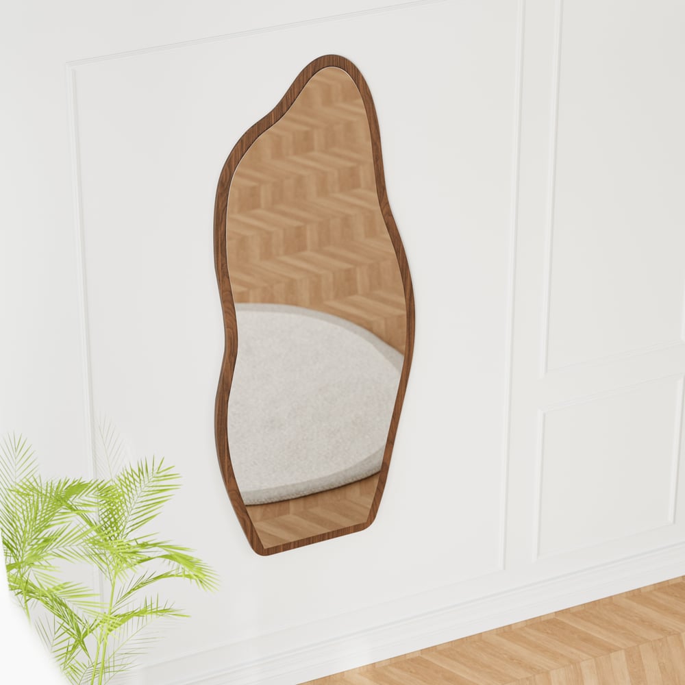 Questions et Réponses pour Miroir pleine longueur irrégulier de 63 po avec cadre en bois de noyer, mural ou autoportant