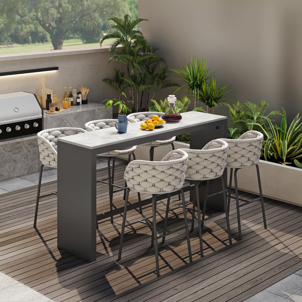 Questions et Réponses pour Ensemble de 7 tables à manger rectangulaires en béton de 70,9 po pour terrasse extérieure