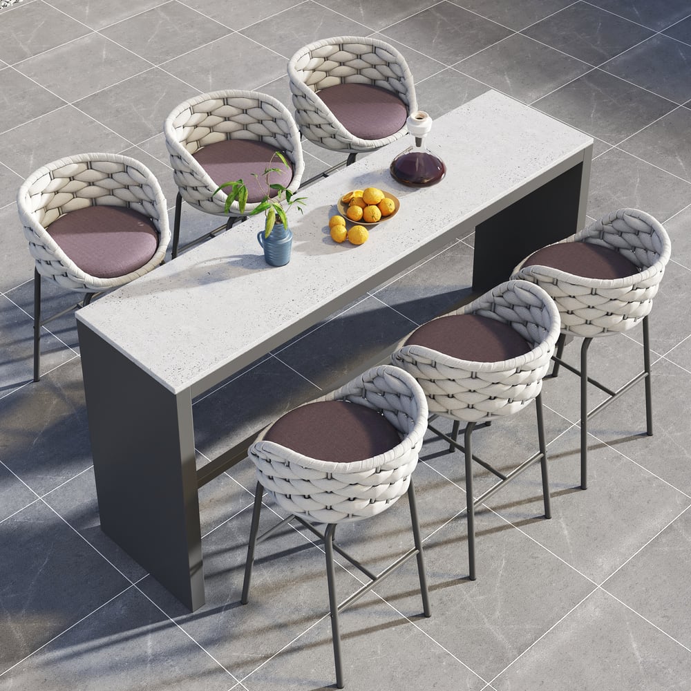 Questions et Réponses pour Ensemble de 7 tables à manger rectangulaires en béton de 70,9 po pour terrasse extérieure