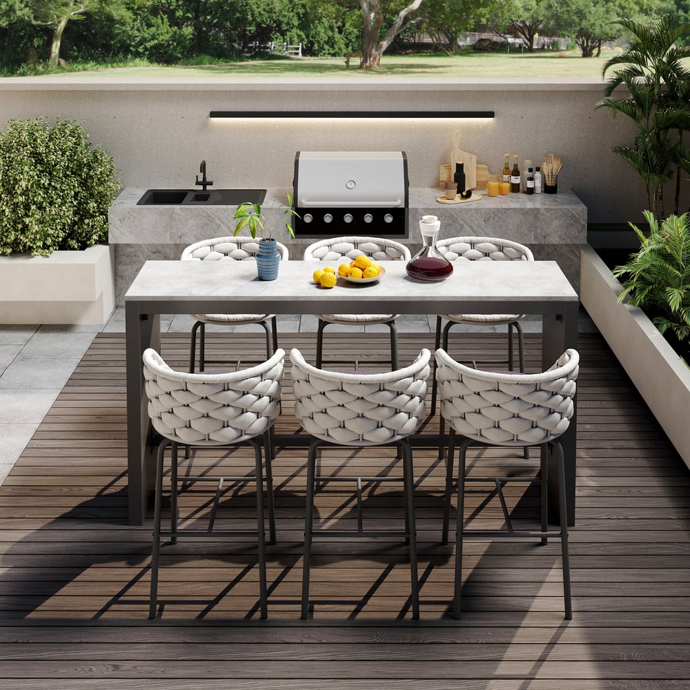 Questions et Réponses pour Ensemble de 7 tables à manger rectangulaires en béton de 70,9 po pour terrasse extérieure