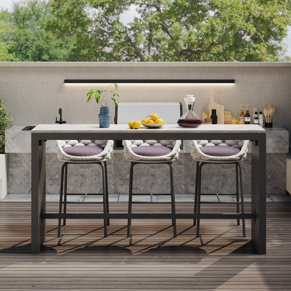 Questions et Réponses pour Ensemble de 7 tables à manger rectangulaires en béton de 70,9 po pour terrasse extérieure