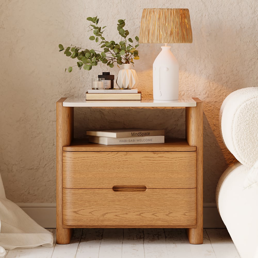 Questions et Réponses pour Table de chevet moderne en pierre frittée avec tiroirs et étagère