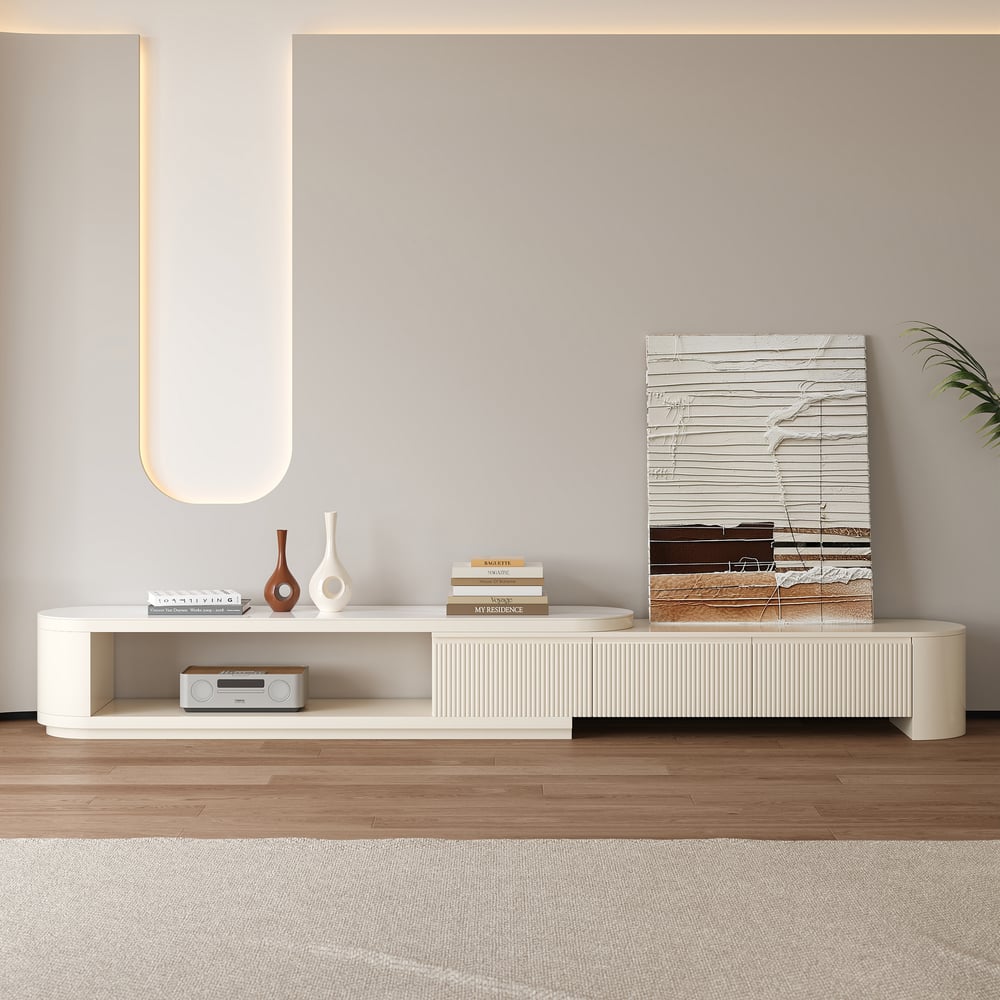 Questions et Réponses pour Meuble TV extensible Velar en pierre frittée avec 3 tiroirs