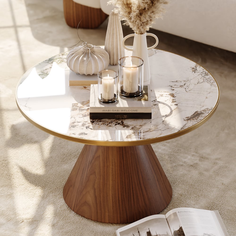 Questions and Answers for 28" Round Walnut Sintered Stone Top Coffee Table