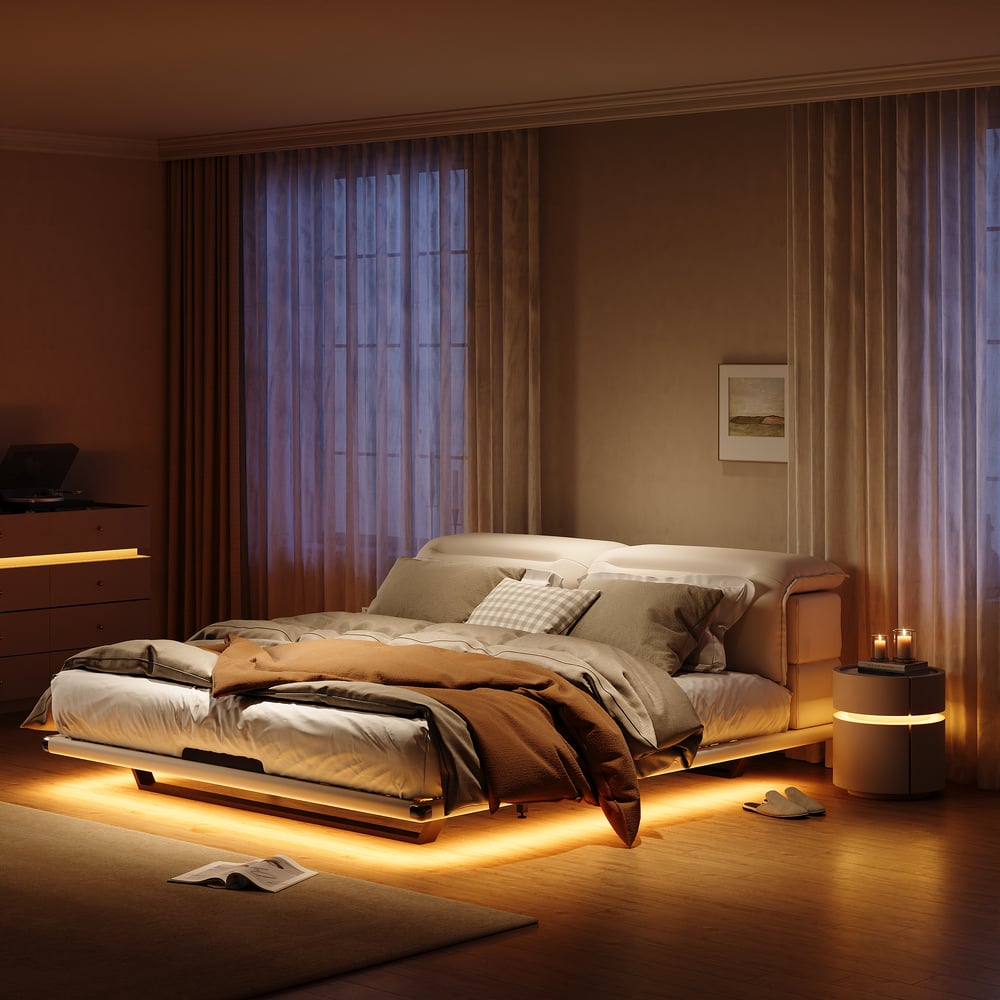 Otázky a odpovědi pro Sedlová kožená 2-zásuvková inteligentní LED noční stolek s bezdrátovým nabíjením