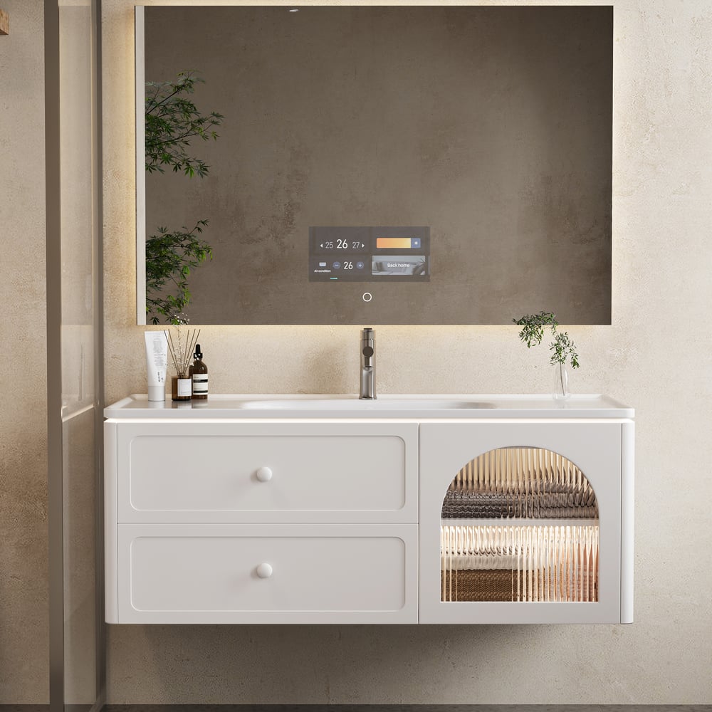 Avis Clients sur Meuble vasque salle de bain suspendu avec LED, 2 tiroirs et 1 armoire latérale, 120 cm