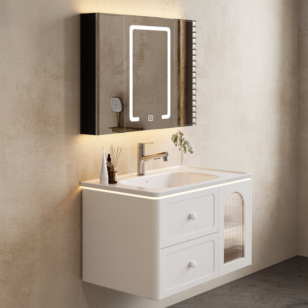 Fragen und Antworten zu 800 mm moderner schwimmender LED-Badezimmer-Waschtisch mit gerippter Glastür und Schubladen