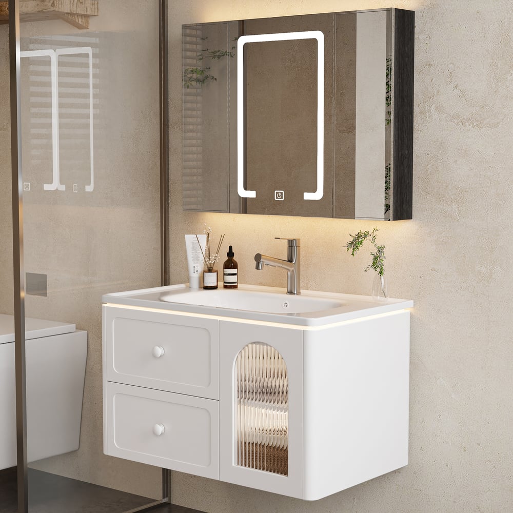 Fragen und Antworten zu 800 mm moderner schwimmender LED-Badezimmer-Waschtisch mit gerippter Glastür und Schubladen