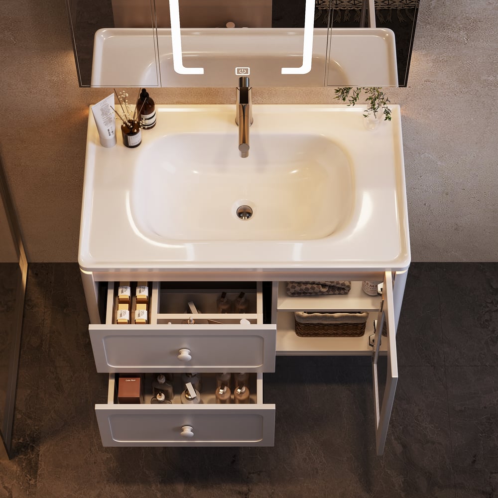 Customer Reviews for 31.5" Modern Floating LED Bathroom Vanity with Ribbed Glass Door & Drawers