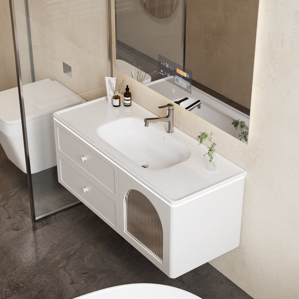 Customer Reviews for 47.2" Modern Floating LED Bathroom Vanity with Ribbed Glass Door & Drawers