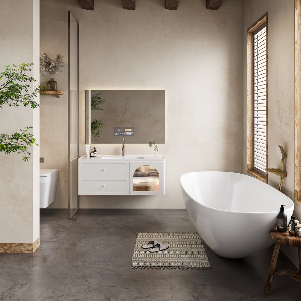 Avis Clients sur Meuble vasque salle de bain suspendu avec LED, 2 tiroirs et 1 armoire latérale, 120 cm