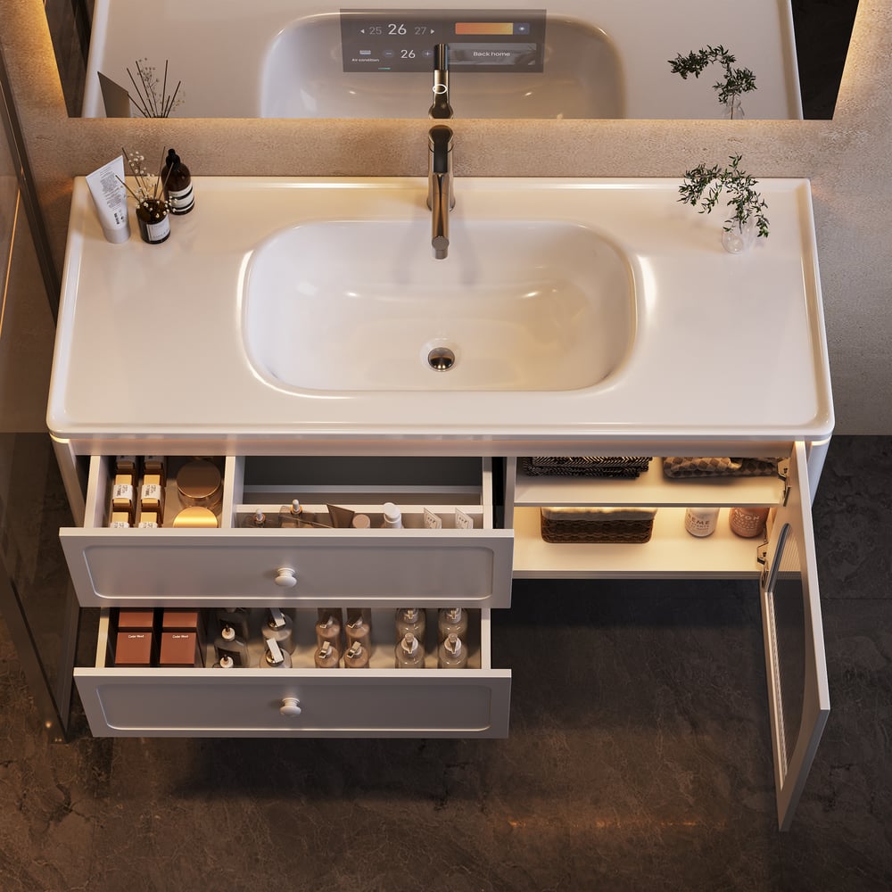 Customer Reviews for 47.2" Modern Floating LED Bathroom Vanity with Ribbed Glass Door & Drawers