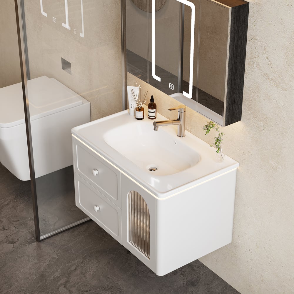 Customer Reviews for 31.5" Modern Floating LED Bathroom Vanity with Ribbed Glass Door & Drawers