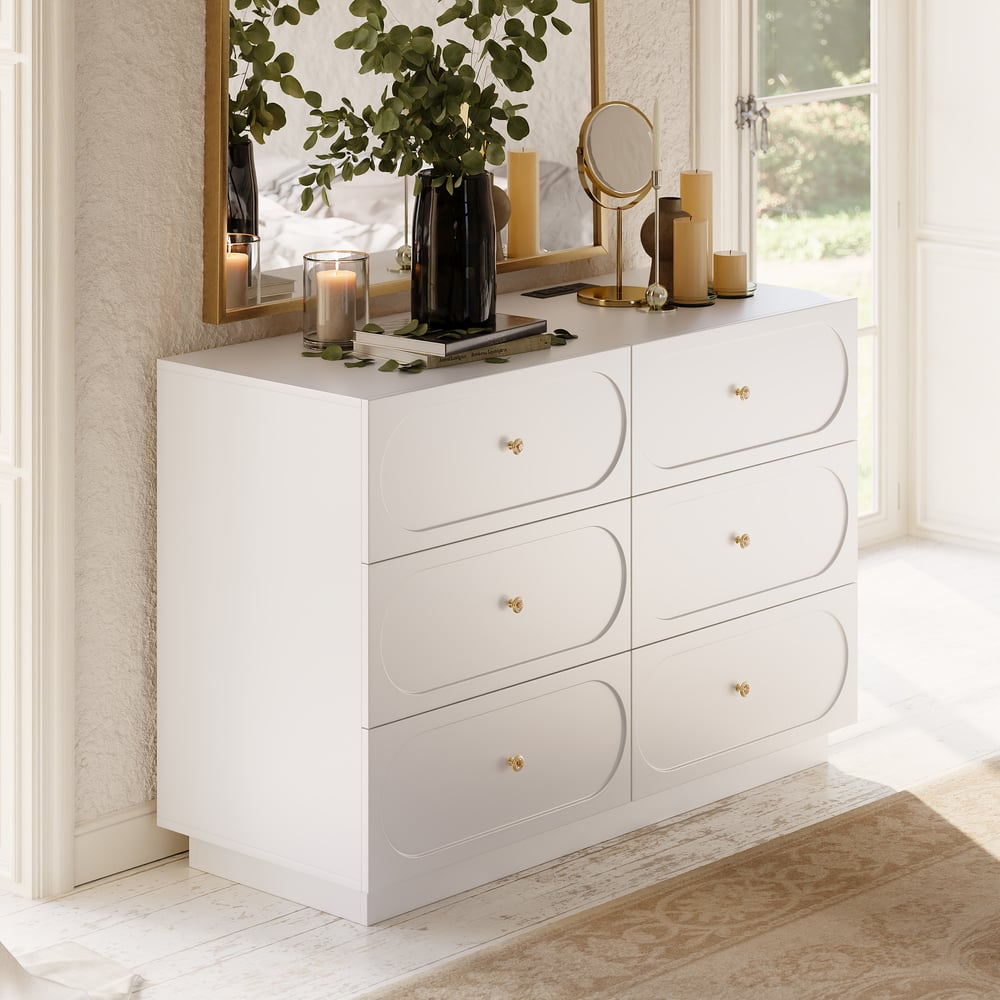 Domande e risposte per Comò moderno Krila con 6 cassetti e stazione di ricarica in bianco, 119 cm