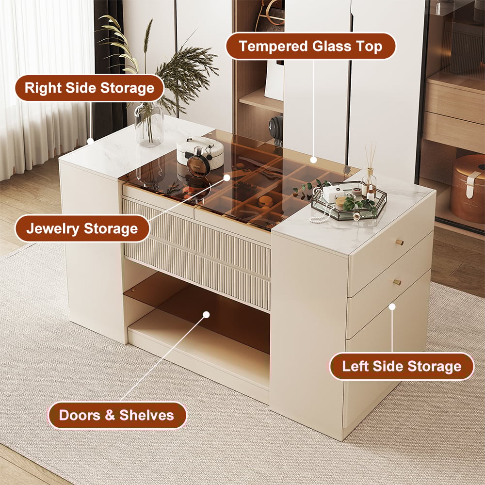 Hodnocení zákazníků pro položku Špinavě bílý šatní ostrov se skleněným povrchem a úložným prostorem pro šperky