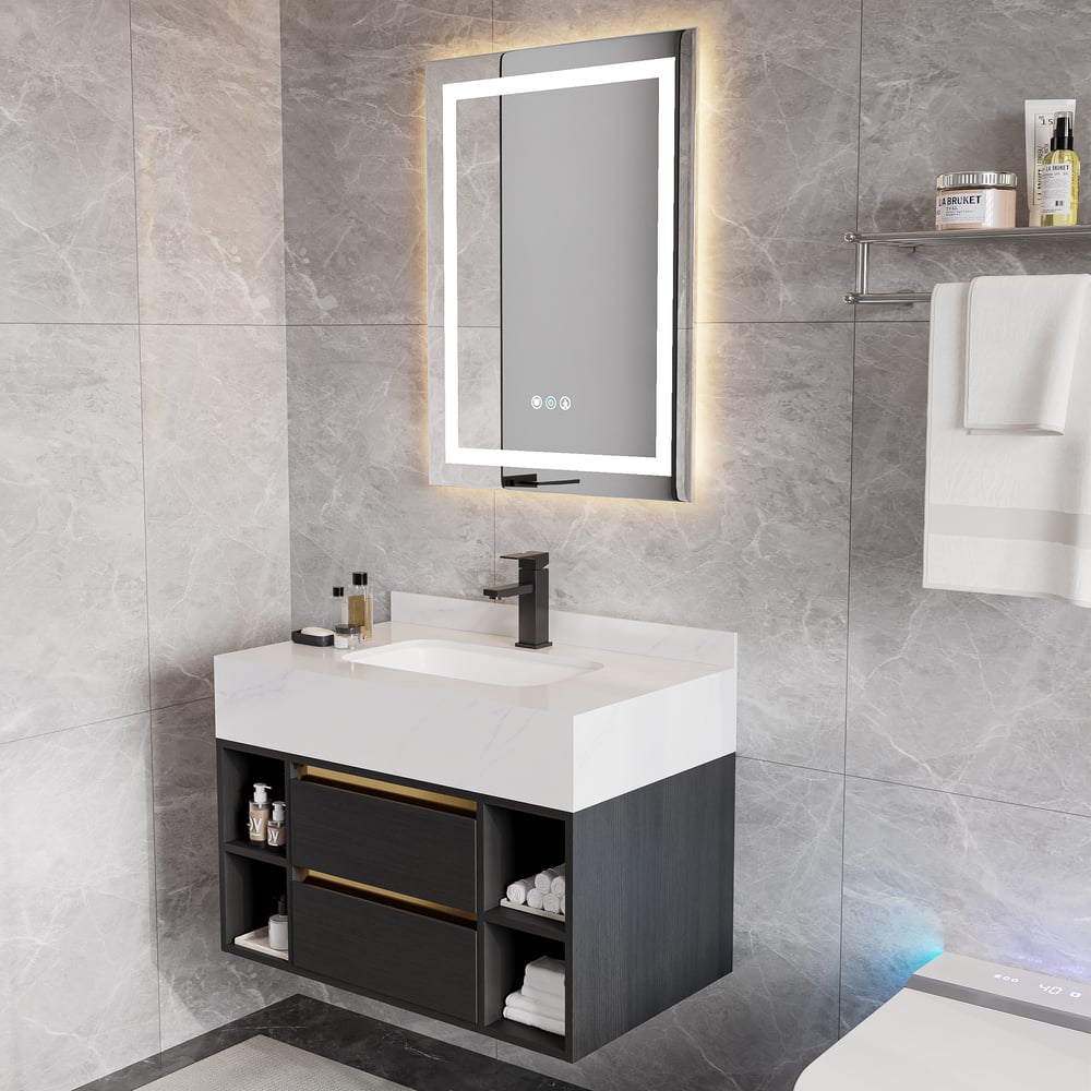 Pytania i odpowiedzi dla Zestaw toaletki łazienkowej 31,4" Nowoczesna pływająca umywalka ze spiekanym kamieniem Czarna z umywalką