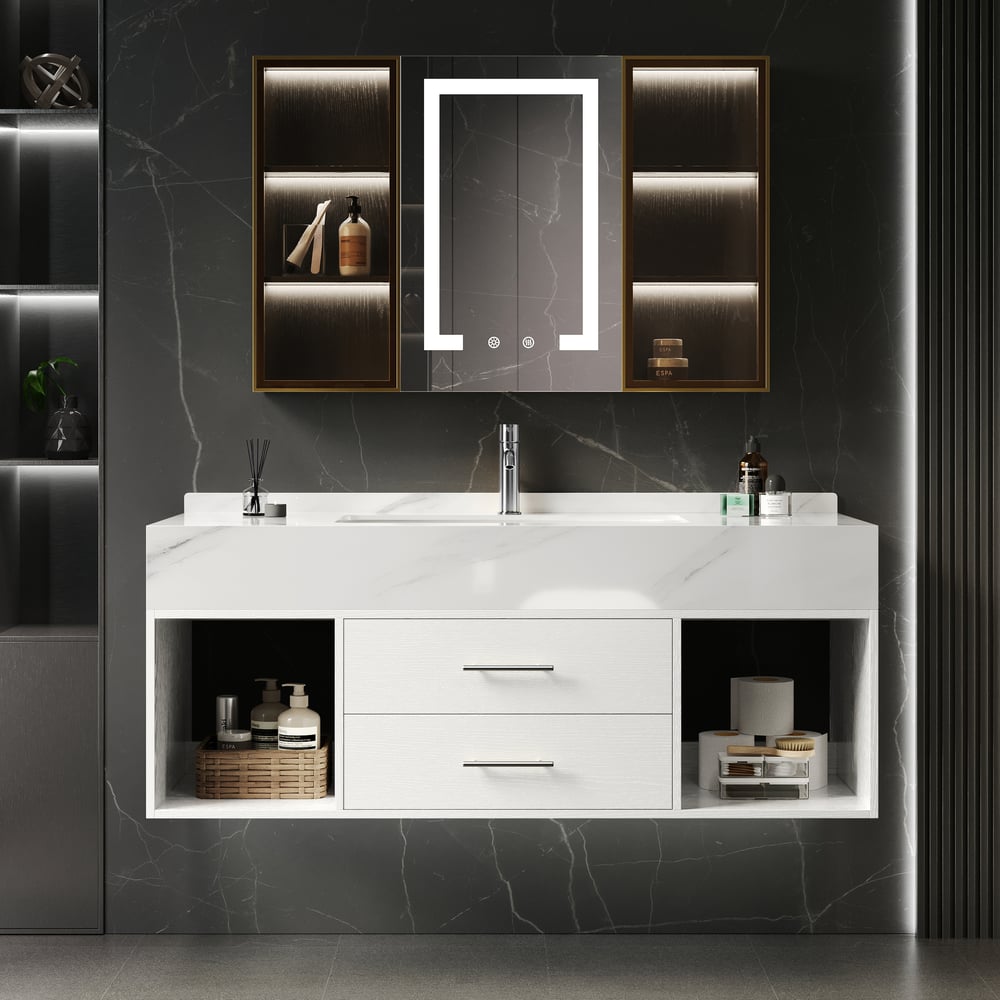 Avaliações de clientes sobre Conjunto de toucador de banheiro moderno de pedra sinterizada flutuante de 35,4 polegadas, vaidade de banheiro branca com pia