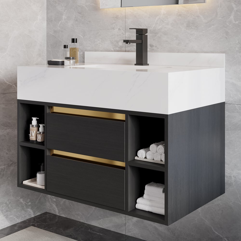 Pytania i odpowiedzi dla Zestaw toaletki łazienkowej 31,4" Nowoczesna pływająca umywalka ze spiekanym kamieniem Czarna z umywalką