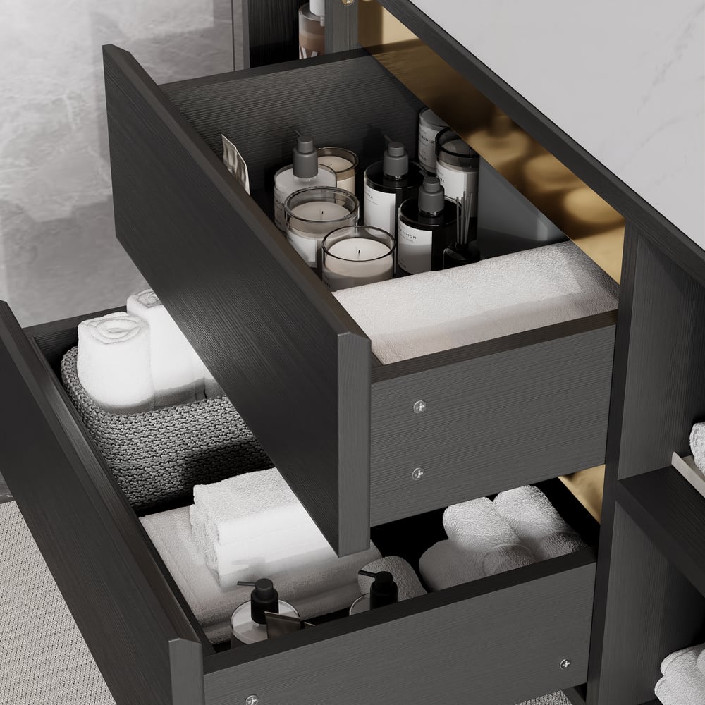 Pytania i odpowiedzi dla Zestaw toaletki łazienkowej 31,4" Nowoczesna pływająca umywalka ze spiekanym kamieniem Czarna z umywalką