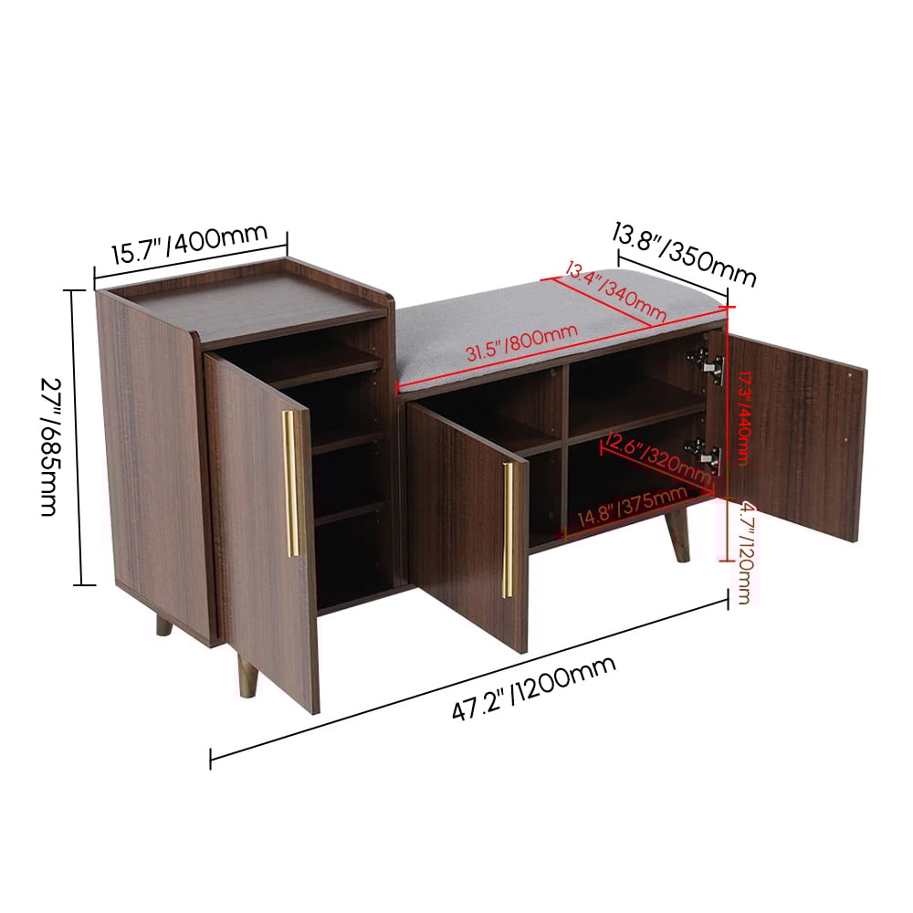 47" Black Walnut Wooden Shoe Storage Bench with 3 Doors & 5 Shelves for Entryway weights dimensions image