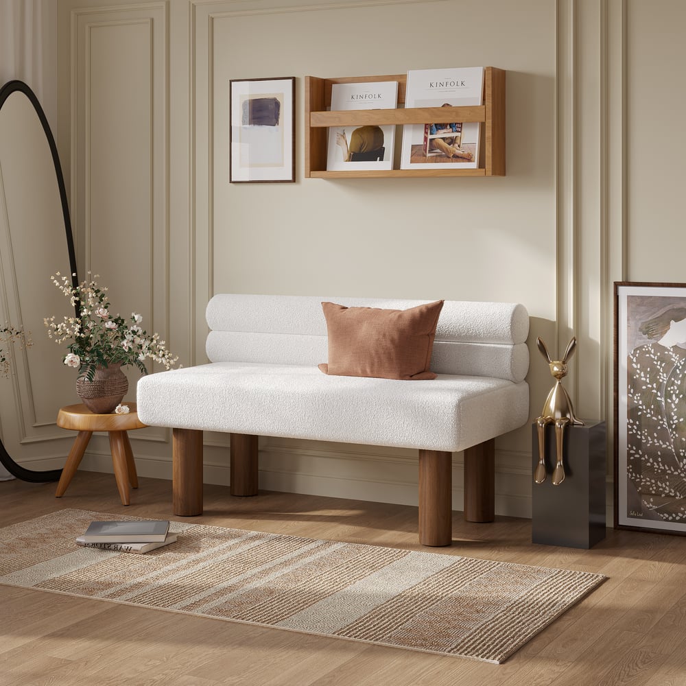 Questions et Réponses pour Banc d'entrée rembourré en bois massif de noyer Boucle