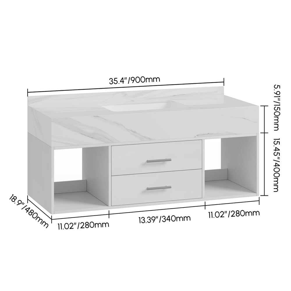 Bathroom Vanity Set 35.4" Modern Floating Sintered Stone Bathroom Vanity White with Sink weights dimensions image