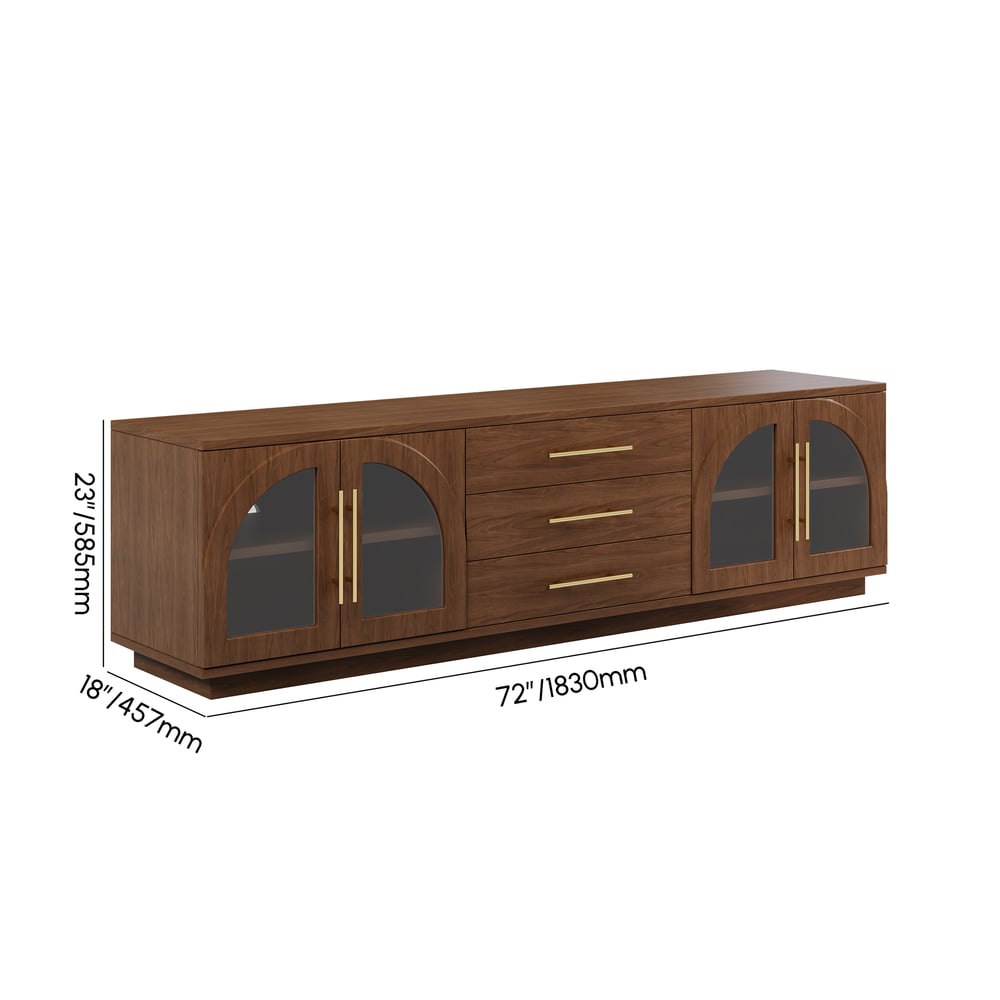 Arune 72" Arched Glass Doors Walnut TV Stand with Storage and LED weights dimensions image