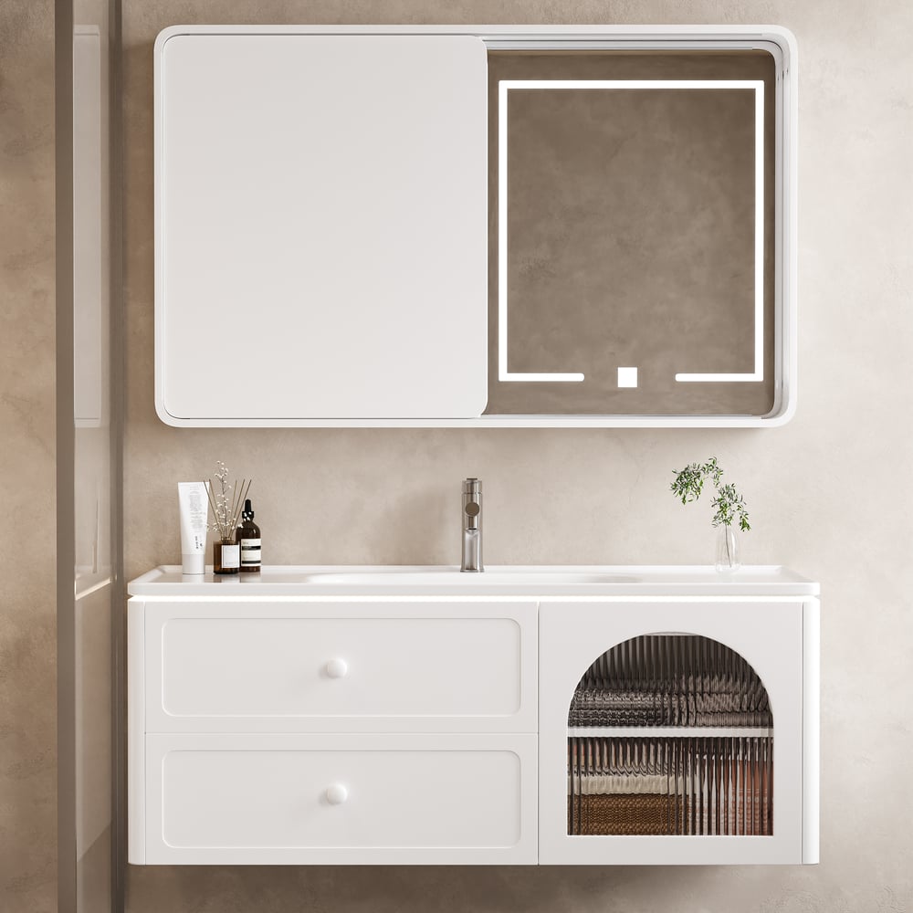 Avis Clients sur Meuble vasque salle de bain suspendu avec LED, 2 tiroirs et 1 armoire latérale, 120 cm