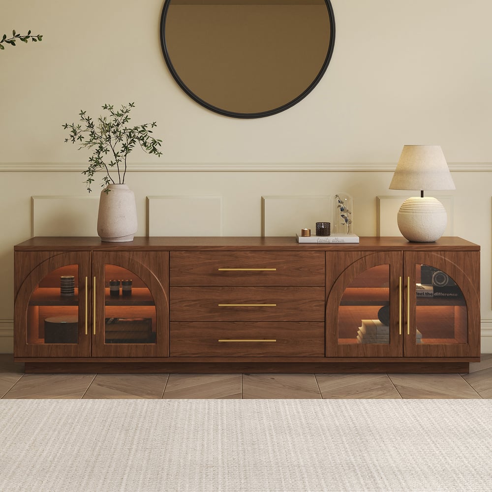 Customer Reviews for Arune 72" Arched Glass Doors Walnut TV Stand with Storage and LED