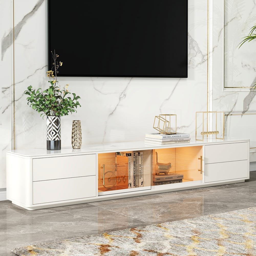 Questions and Answers for 85" White Wood Rectangle TV Stand Sintered Stone Top 4-Drawer Glass Doors Cabinet