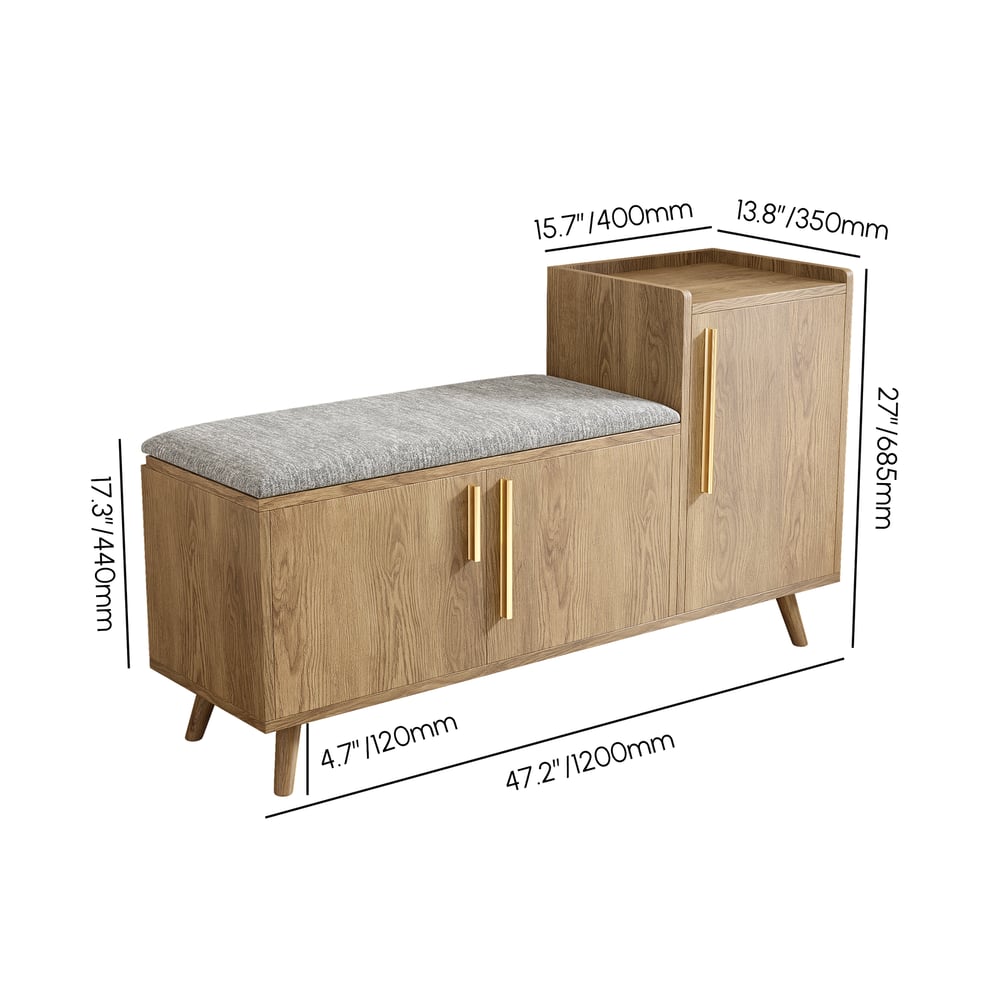 Walnut Wooden Shoe Storage Bench with Right-Side Cabinet for Entryway (47") weights dimensions image