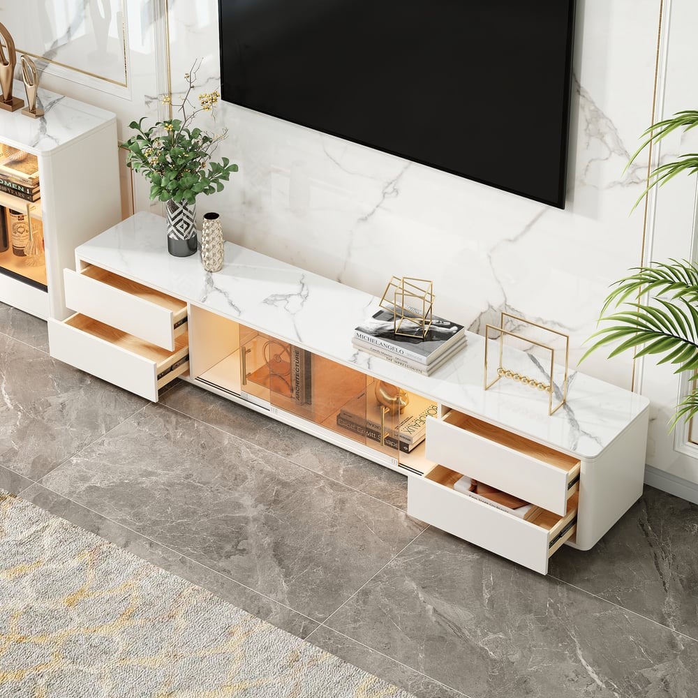 Questions and Answers for 2200mm White Wood Rectangle TV Stand Sintered Stone Top 4-Drawer Glass Doors Cabinet