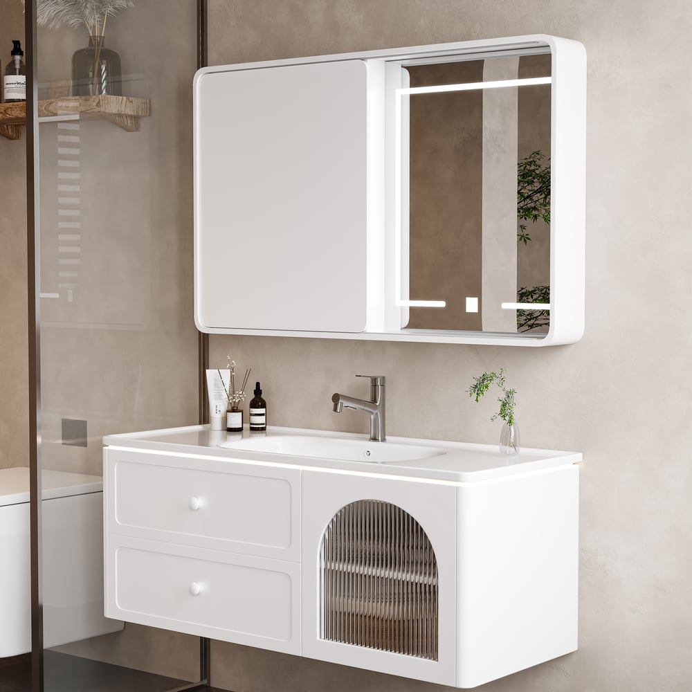 Avis Clients sur Meuble vasque salle de bain suspendu avec LED, 2 tiroirs et 1 armoire latérale, 120 cm