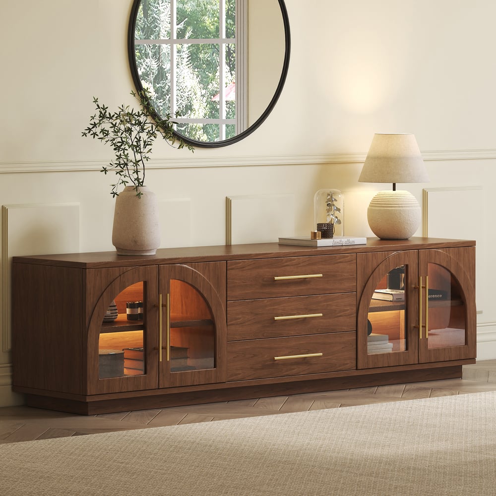 Customer Reviews for Arune 72" Arched Glass Doors Walnut TV Stand with Storage and LED