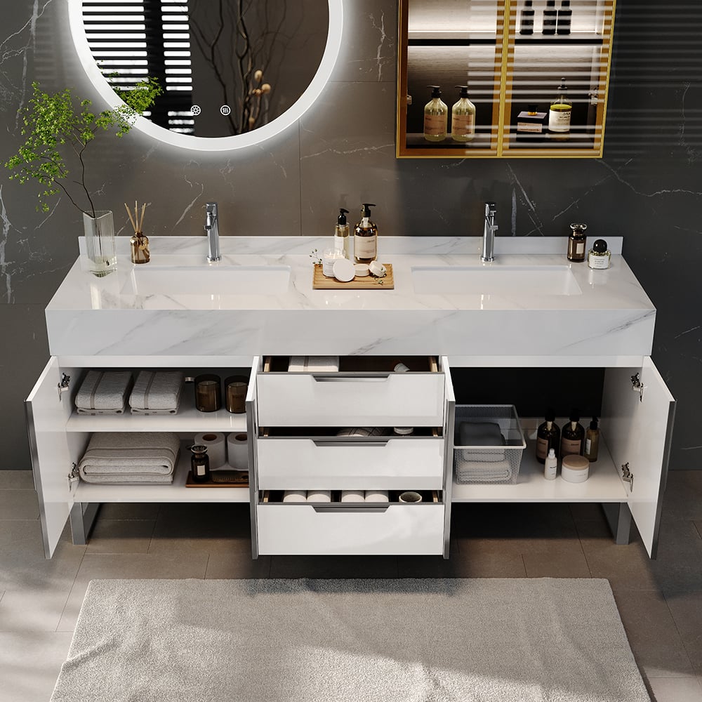 Questions and Answers for Aro Series Bathroom Vanity Set 59" Freestanding Bathroom Vanity White with Double Sinks