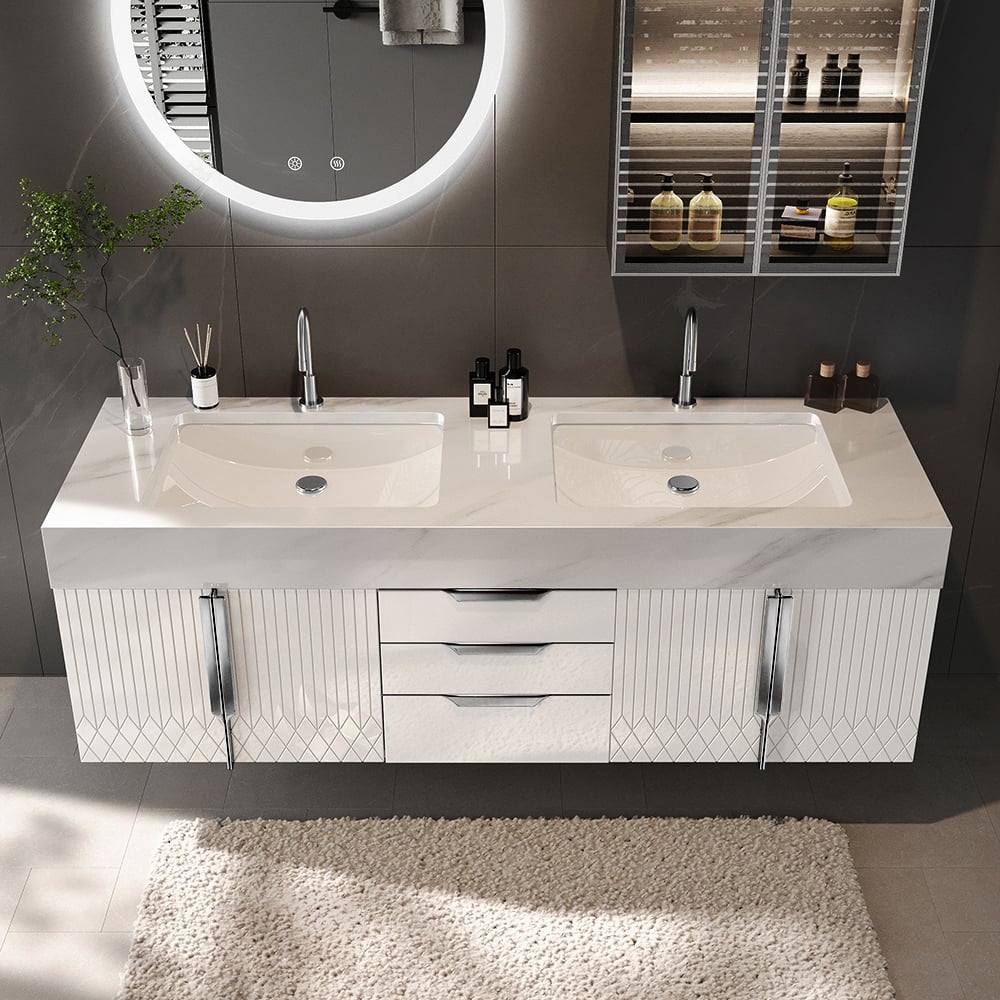 Avis Clients sur Vanité de salle de bain murale de 1500 mm avec dessus en faux marbre avec double vasque blanche