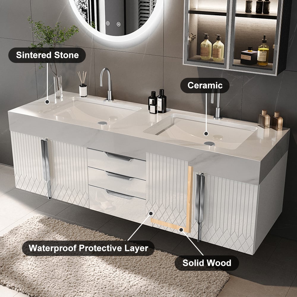 Avis Clients sur Vanité de salle de bain murale de 1500 mm avec dessus en faux marbre avec double vasque blanche