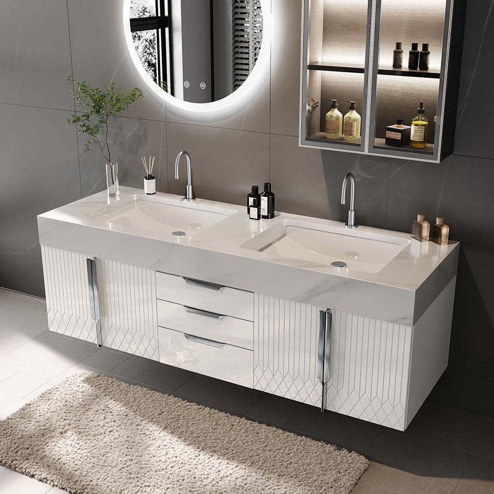 Avis Clients sur Vanité de salle de bain murale de 1500 mm avec dessus en faux marbre avec double vasque blanche