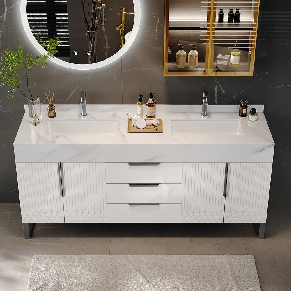 Questions and Answers for Aro Series Bathroom Vanity Set 59" Freestanding Bathroom Vanity White with Double Sinks