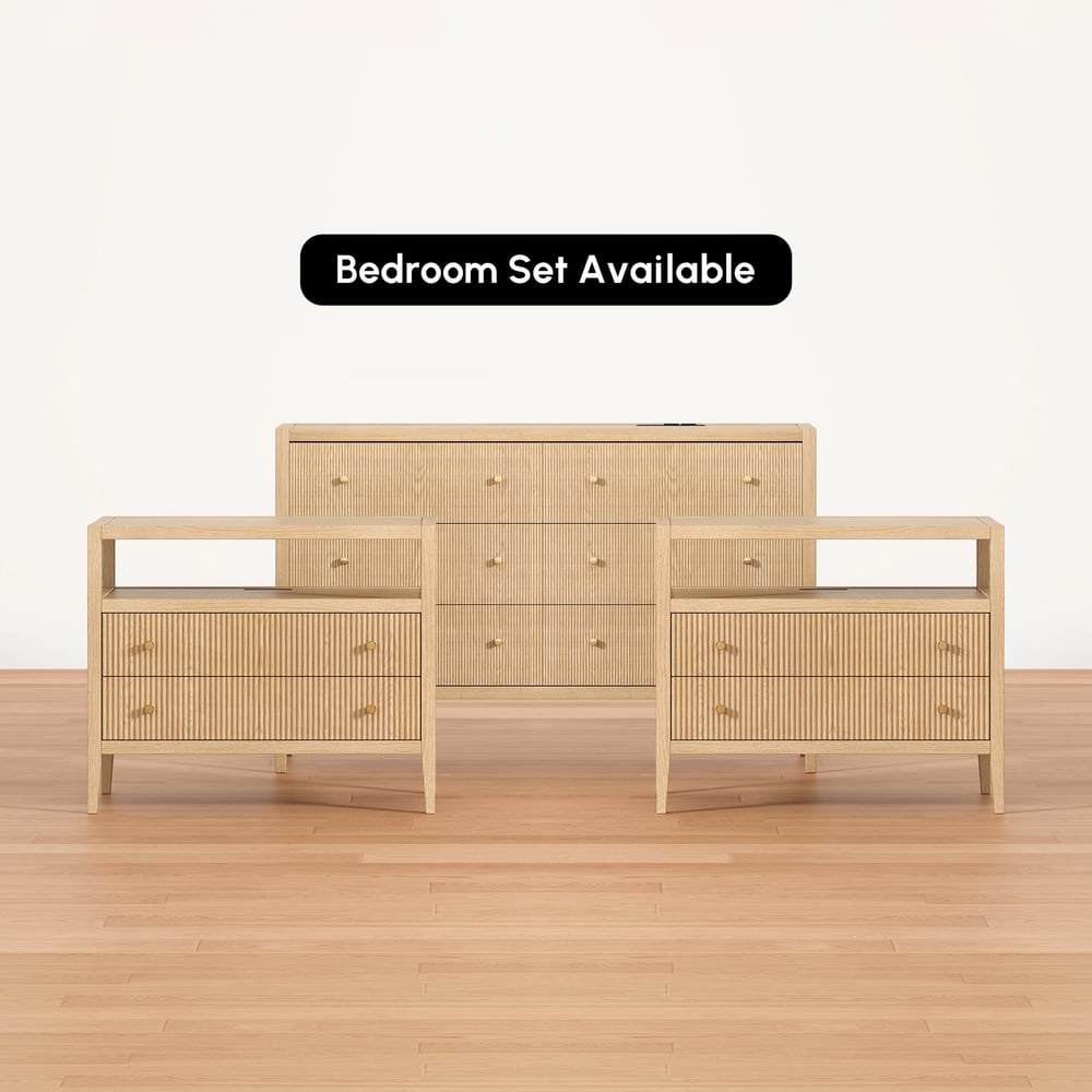 Stria Natural Fluted 6-Drawer Dresser & 2 Wide Nightstands Set Stria Natural Fluted 6-Drawer Dresser & 2 Wide Nightstands Set window image