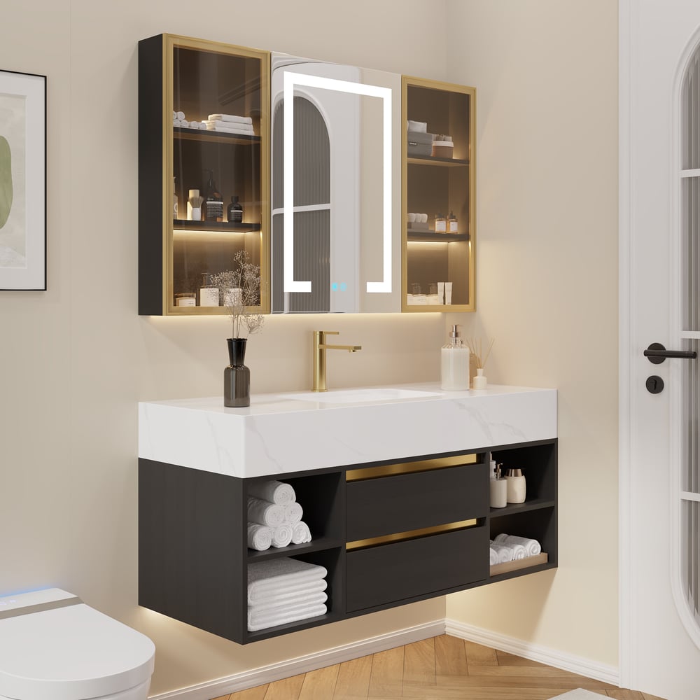 Customer Reviews for 1200mm Floating Bathroom Vanity Set with Ceramic Basin 2 Drawers & Open Shelves in Black