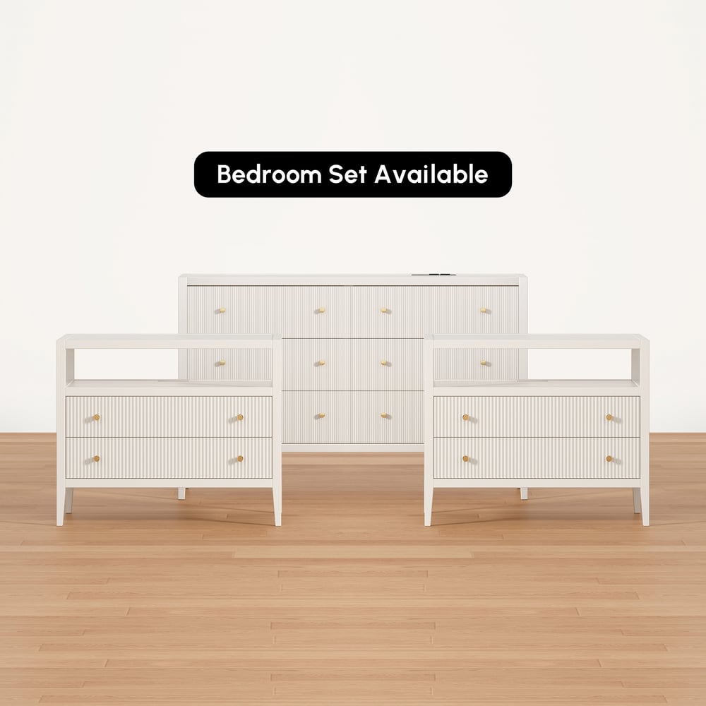 Stria White Fluted 6-Drawer Dresser & 2 Wide Nightstands Set Stria White Fluted 6-Drawer Dresser & 2 Wide Nightstands Set window image
