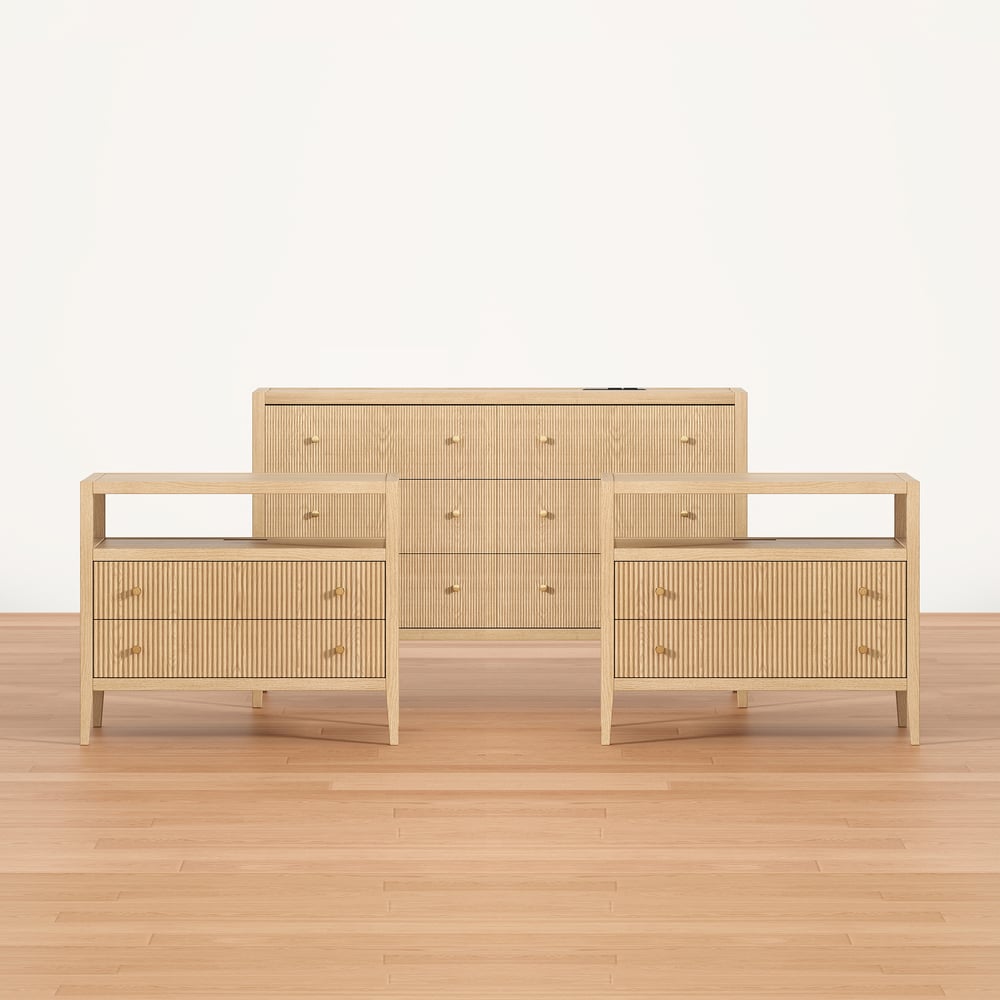 Stria Natural Fluted 6-Drawer Dresser & 2 Wide Nightstands Set Stria Natural Fluted 6-Drawer Dresser & 2 Wide Nightstands Set window image