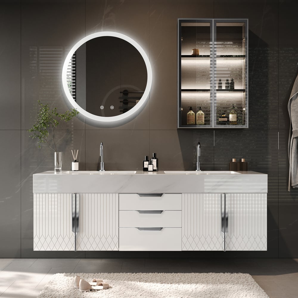 Avis Clients sur Vanité de salle de bain murale de 1500 mm avec dessus en faux marbre avec double vasque blanche