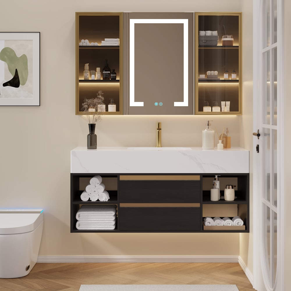 Customer Reviews for 1200mm Floating Bathroom Vanity Set with Ceramic Basin 2 Drawers & Open Shelves in Black