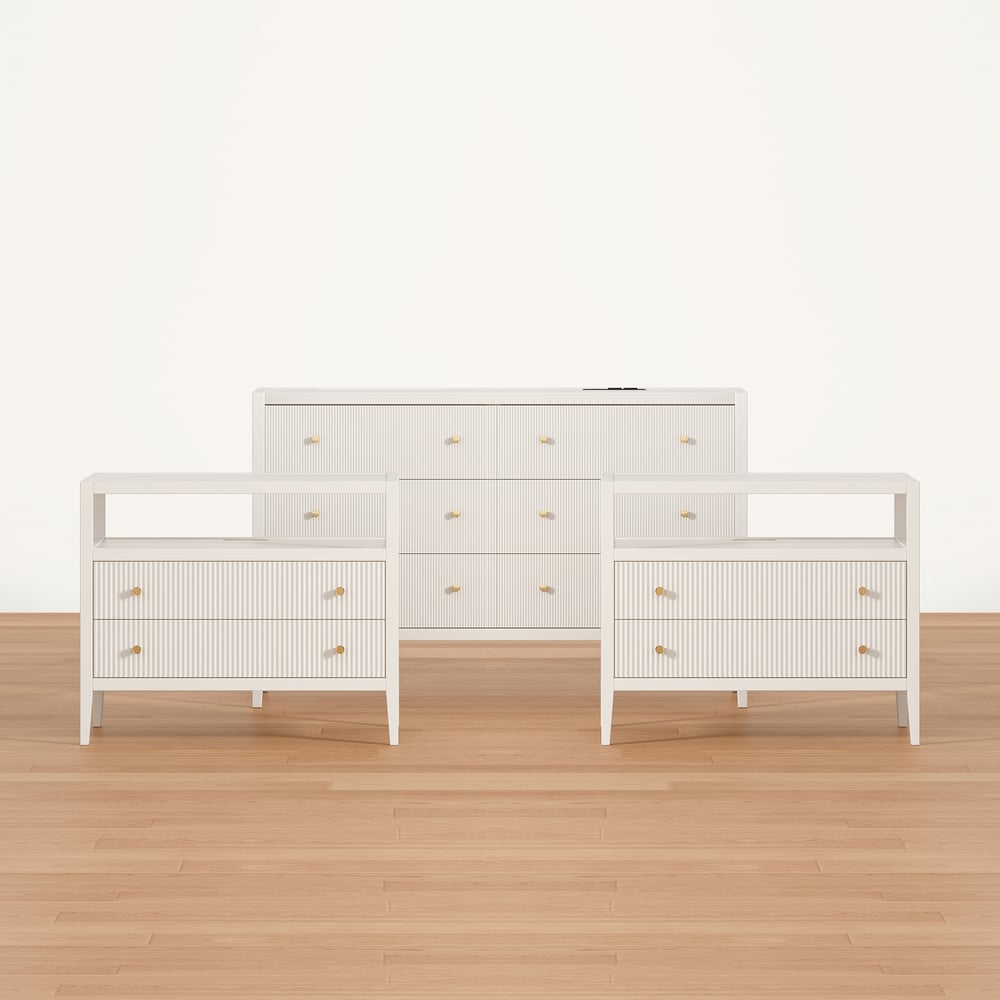 Stria White Fluted 6-Drawer Dresser & 2 Wide Nightstands Set Stria White Fluted 6-Drawer Dresser & 2 Wide Nightstands Set window image