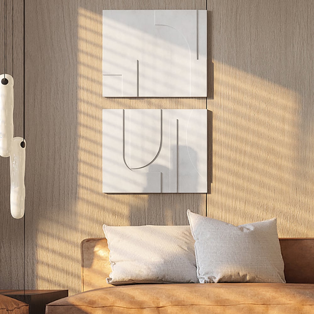 Vragen en antwoorden voor 2-delige abstracte wanddecoratie van Japandi voor de woonkamer, 3D-hangkunst in wit