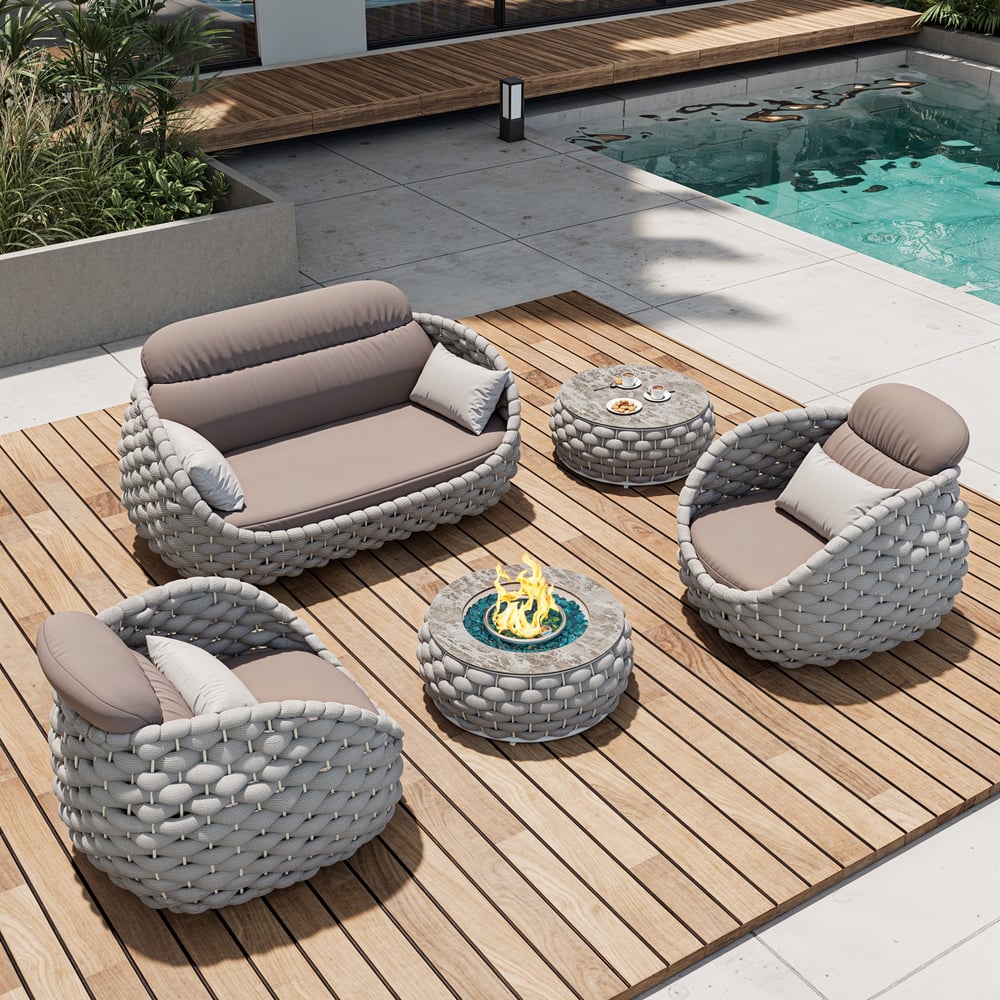 Questions and Answers for Tatta 4 Pieces Woven Rope Outdoor Swivel Sofa Set 360 Degree Rotatable with Coffee Table